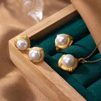 trendy s925 sterling silver plated gold natural pearl ring earrings necklace jewelry sets party wedding adjustable ring gift