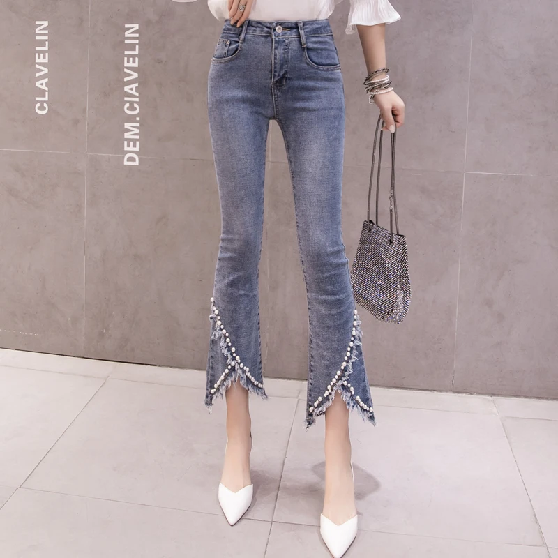 Женские расклешенные джинсы размера плюс с бахромой и высокой талией эластичные
