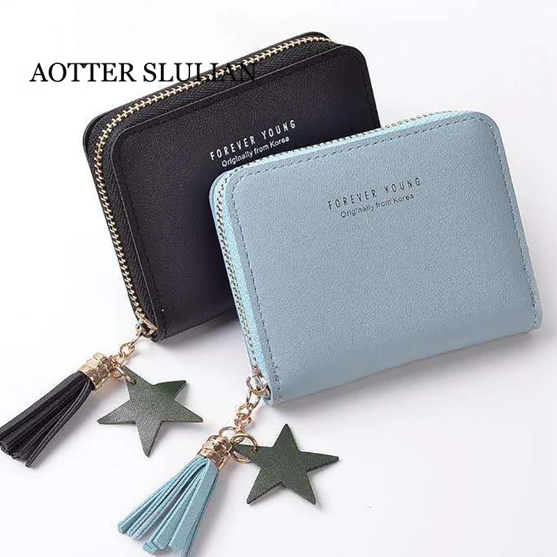 

Women Simple Wallet Small Coins Purse ID Credit Cards Bag Cute Style Star Tassel Design Zipper Short Card Cases Hand Pocket Bags