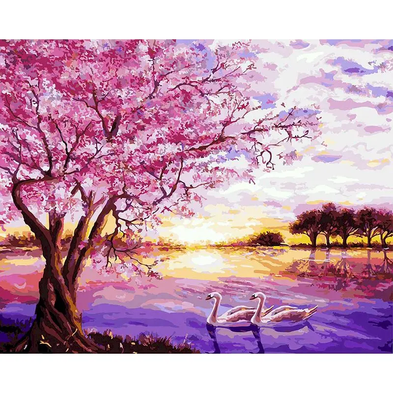 

PhotoCustom 60x75cm Paint By Numbers Swan Lake Scenery DIY Oil Painting By Numbers On Canvas Frame Number Painting Home Decor
