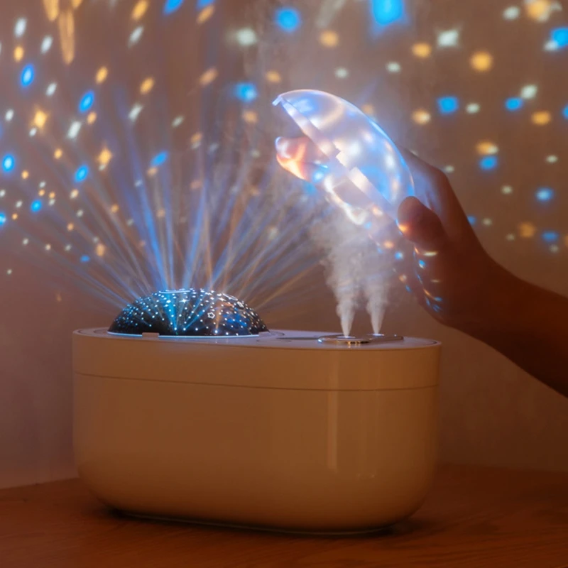 

360Rotating Projection Air Humidifier Cool LED Light USB Aroma Fogger Mist Maker Double Nozzle Sprayer Car Home