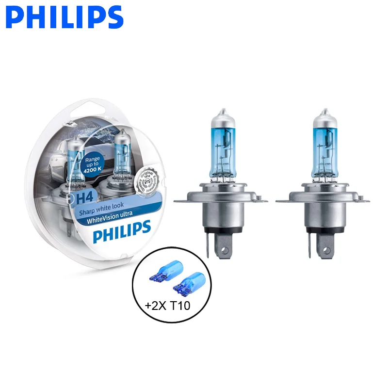 Автомобильные галогенные лампы Philips H4 9003 WhiteVision Ultra 4200K 12342 вт 2 шт. T10|Лампы для
