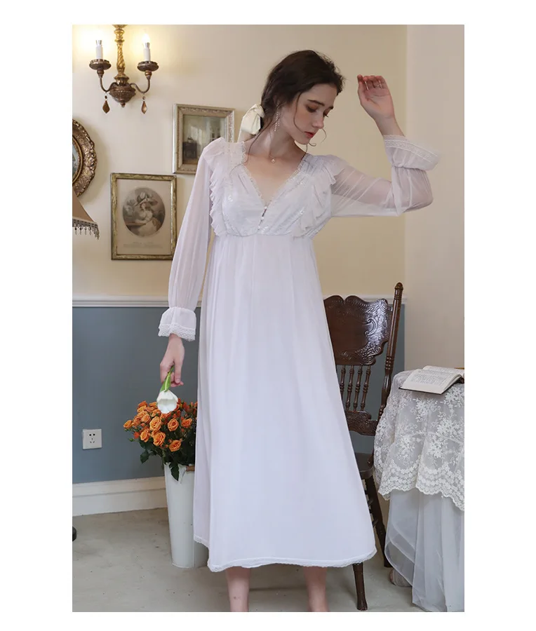 

2021 Spring/Autumn New Nightdress French Court Long-Sleeved V-neck Nightgown Mesh Loose Princess Modal Sleeping Dress Women