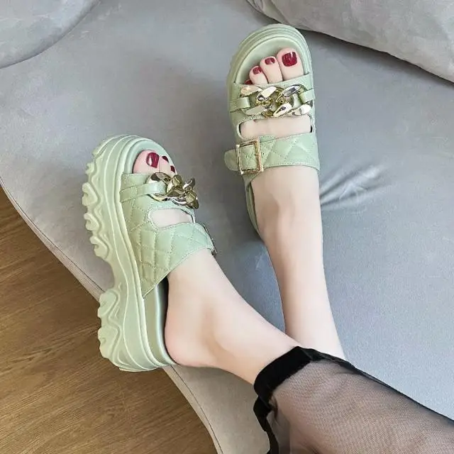 

House Slippers Platform Shoes Woman 2021 Luxury Slides Pantofle On A Wedge Heeled Mules Increased Internal Soft Summer Designer