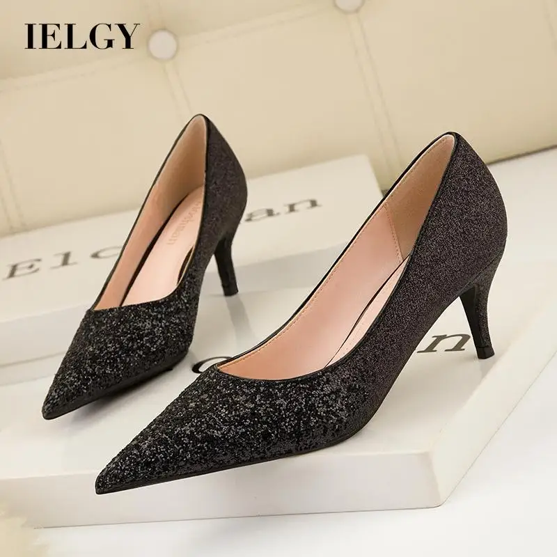 

IELGY fashionable high-heeled shallow mouth pointed gradient sequins