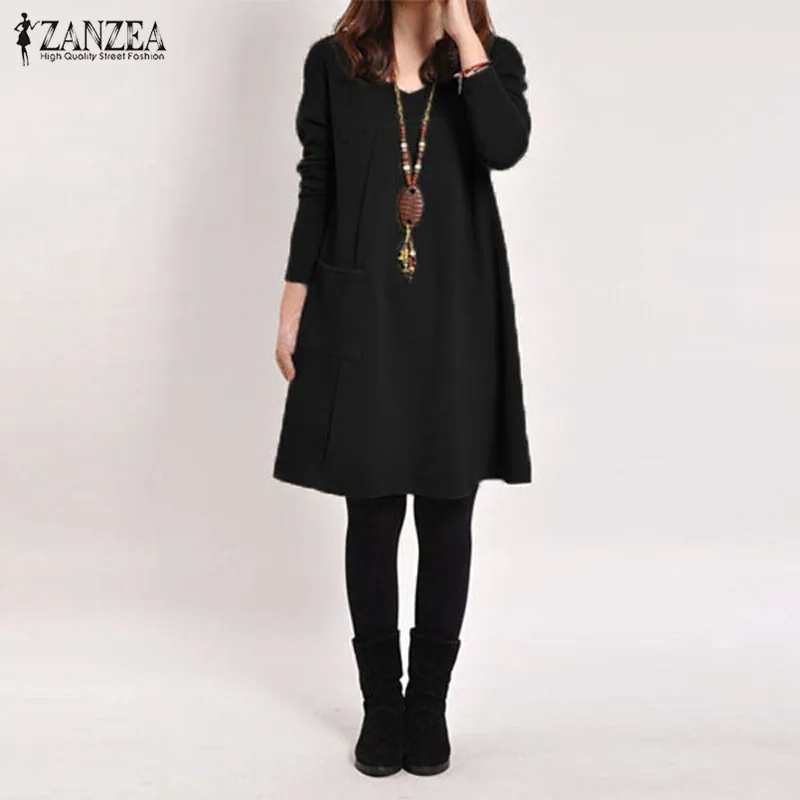 Платье Zanzea женское с длинным рукавом и карманами однотонное повседневное