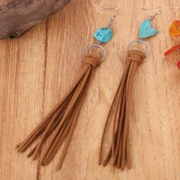 new retro long turquoise leather tassel earrings european and american style pastoral creative personalized jewelry for women