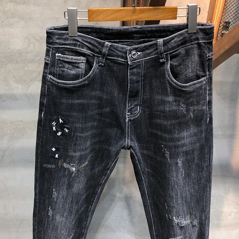 Мужские рваные джинсы KSTUN черные серые зауженные Стрейчевые джинсовые брюки с