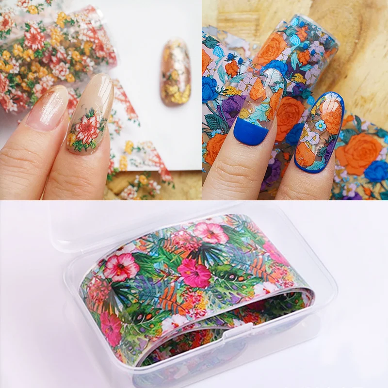 

10rolls/box Flowers Nail Foils Transfer Paper Butterfly Decals Autumn Adhesive Wraps Floral Manicure Set Decals Nails Decoration