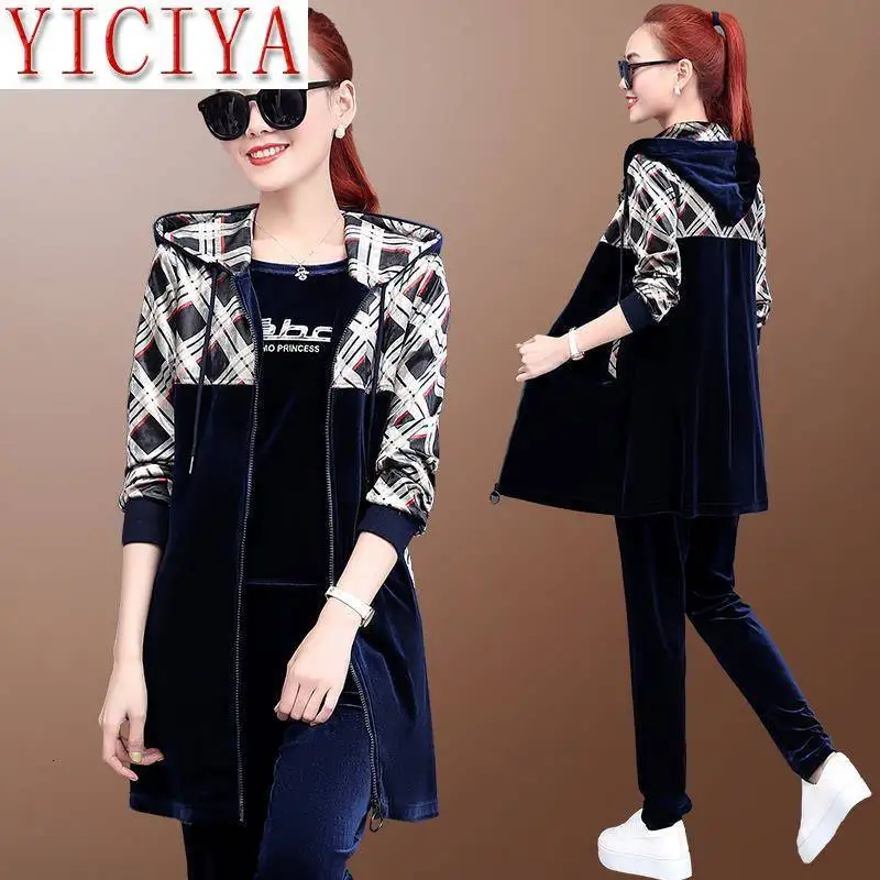 

Velvet Tracksuit For Women Outfits Velour Suit Long Jacket And Hoodies Tops And Sweat Pants 3 2 Piece Set Black Winter Clothing