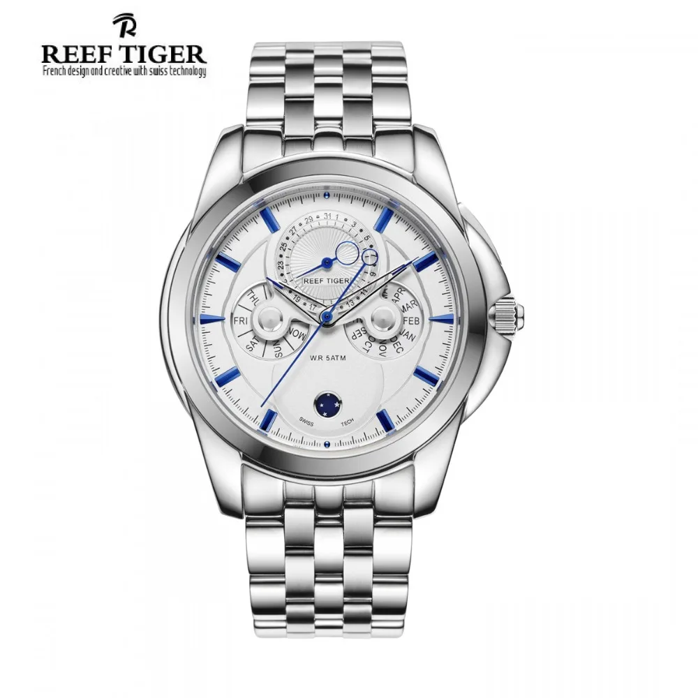 

Reef Tiger/RT Men watch Casual Business Complicated Watch Date Calender Moon Phase Watch men Quartz 100MWaterproof Watches reloj