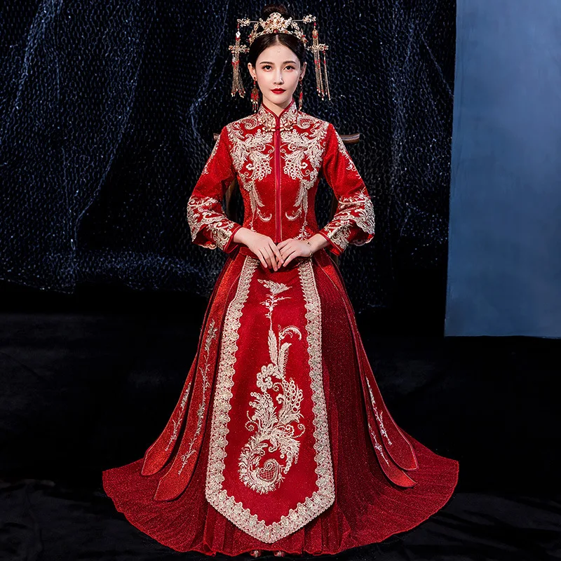 

FZSLCYIYI Королевский Свадебный чонсам, винтажный китайский традиционный костюм Тан, Qipao вышивка, официальное свадебное платье