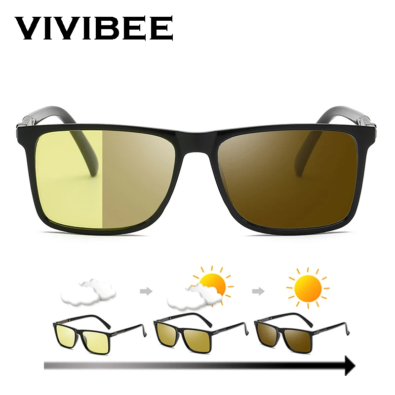 

VIVIBEE Men Advanced Photochromic Sunglasses TAC Polarized TR90 Square Transition Lenses Colors Night Vision Driving Sun Glasses