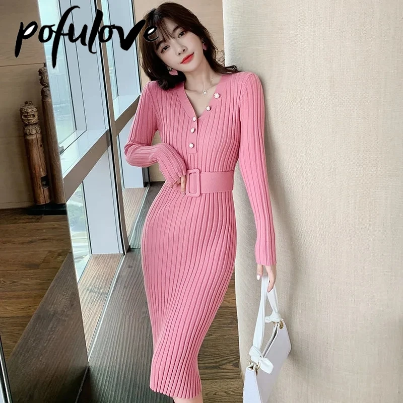 

Dress Women's Mid-length Slim-fit Bag Hip Knitted Dress Korean Version Pure Color Trending Sweater Dress Autumn and Winter