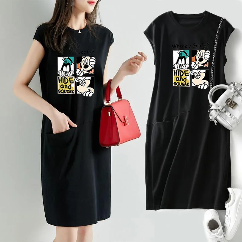 

Khaki Mickey Cartoon Dress Ladies Summer T-Shirt Dresses Minnie Short-Sleeved Robes Thin Printed Midi Skirt Vestidos Femme 2021