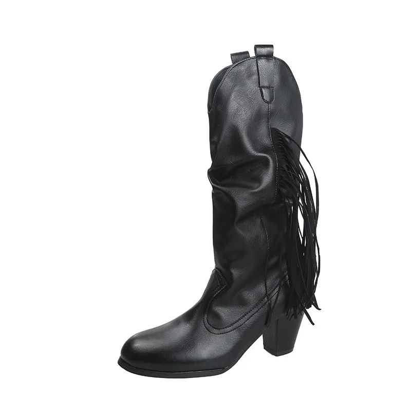 

Trendy style women's high heel tassel medium boots large size 40-43 boots
