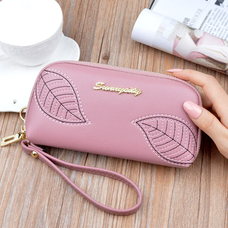 

New Women's Leaves Wallet PU Leather Zipper Wristband Clutch High Capacity Casual Card Holders Female Long Coin Purses Money Bag