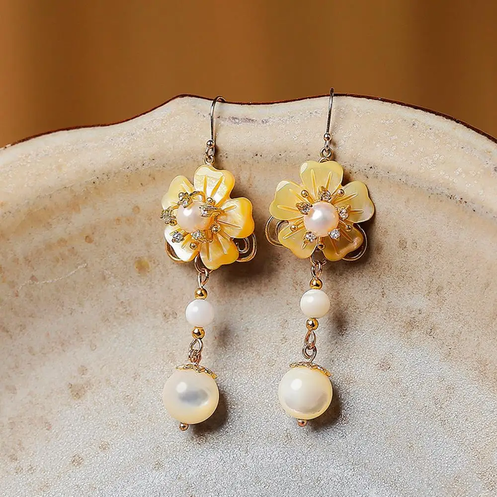 Желтая ракушка цветок этнические Висячие серьги белая из бисера пресноводный