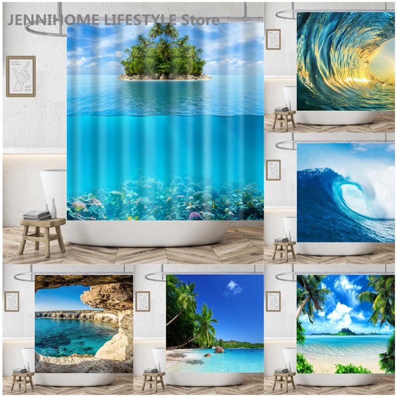 Seaside Sea Beach Sea Wave Coconut Tree Shower Curtains Bathroom Curtain Frabic Waterproof Polyester Bath Curtain with Hooks