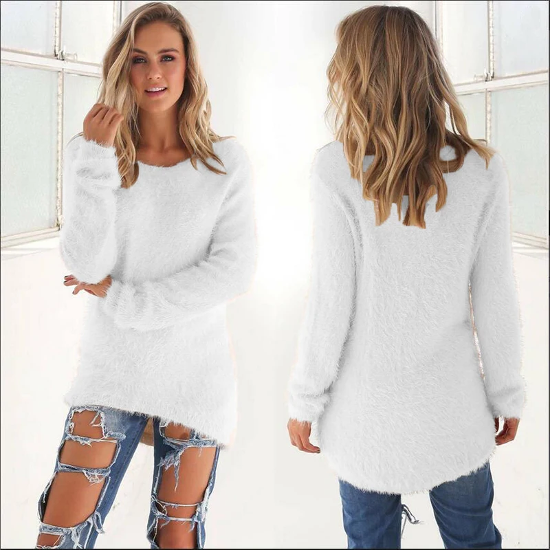 

Casual Women Sweater Long Sleeve Crewneck Solid White Knitted Tops Spring Autumn Fashion Loose Slim Pullover Sweater For Woman