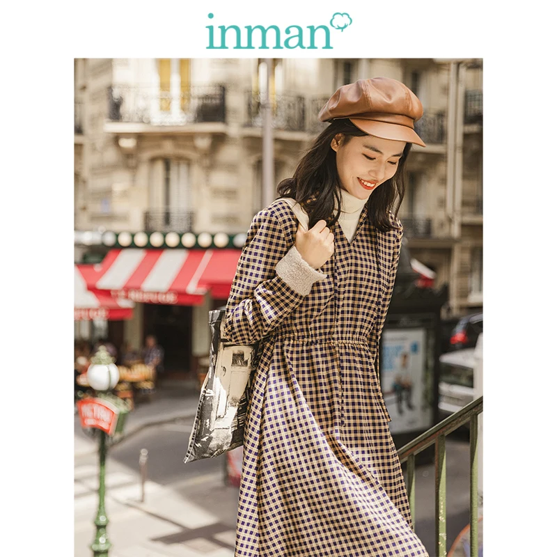 INMAN 2019 Осень Зима Новое поступление элегантное женское платье в клетку с отложным