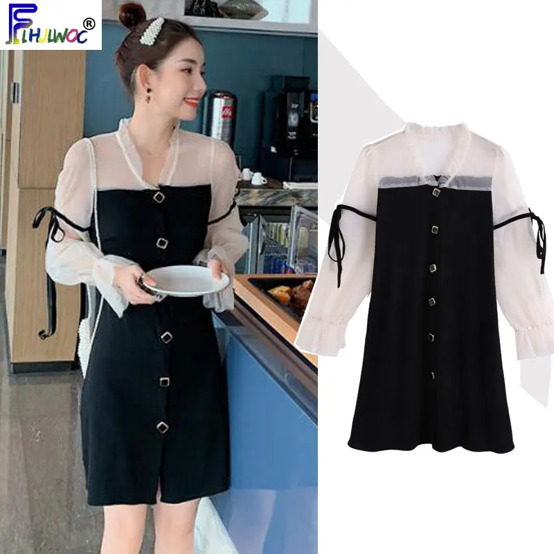 Весна 2020 маленькие черные платья для девушек модное лоскутное прозрачное