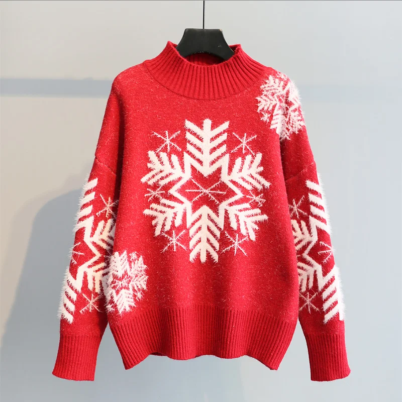 

Half high collar sweater women's loose Pullover lazy wind new autumn and Winter Christmas snow flower red student base sweater