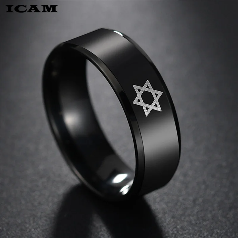 ICAM Black Star of David Ring Men Religious Judaism Israel Jewish Jewelry Men Ring Stainless Steel Obsidian David Star Rings