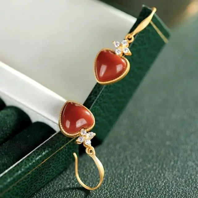 

silver inlaid natural South Red chalcedony heart shaped earrings Chinese style retro romantic craft gold women's brand jewelry