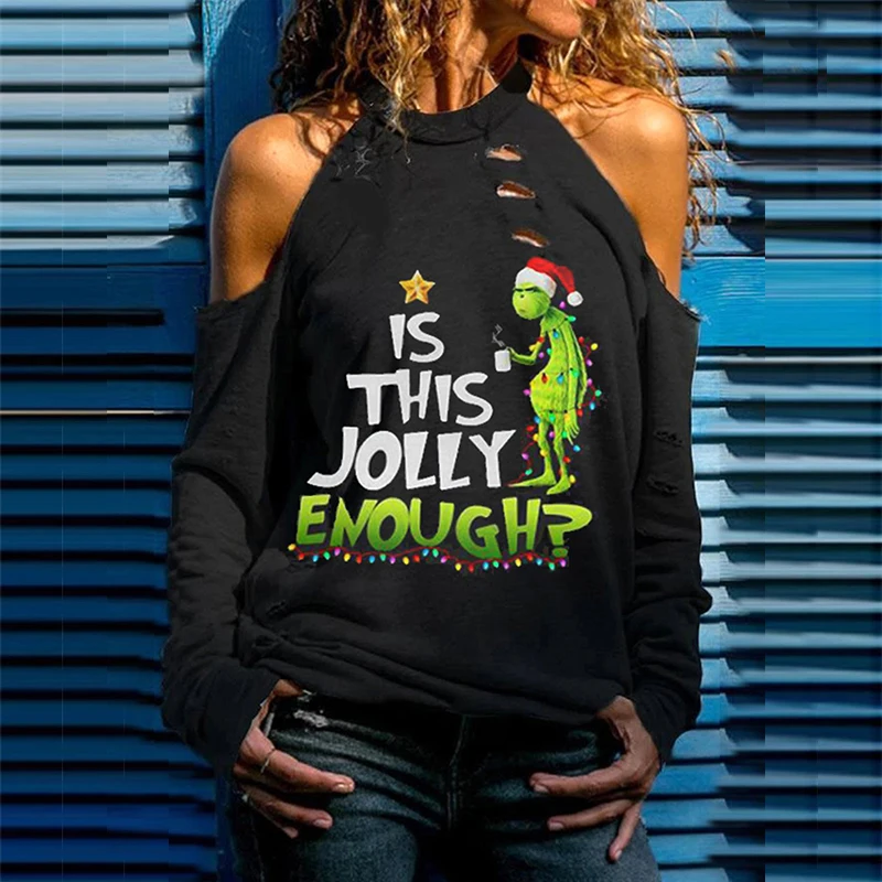 

Christmas Grinch Is This Jolly Enough Letter Print Women TShirts Casual Off-the-Shoulder Full Sleeves Halter Green Tops Tees