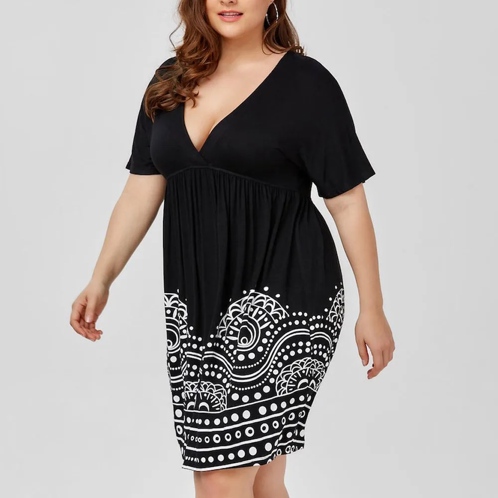 

Fashion Womens Plus Size Empire Waist A Line Printed Short Sleeve V-Neck Dress Big skirt Casual dress Plus-size dress
