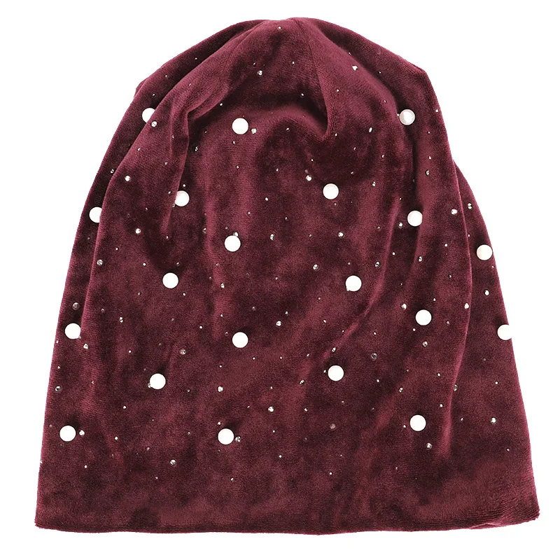 

Thick double velvet pearl winter hat ladies solid color Skullies Beanies Female hat female winter hat cap soft warm hat ladies