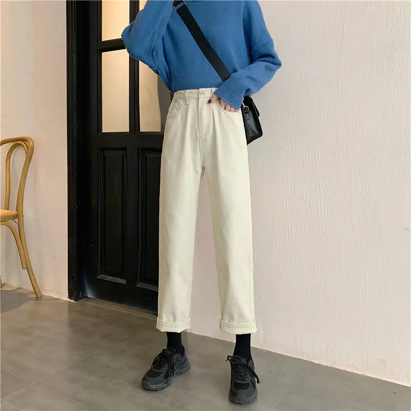 

Jeans Women Spring Autumn Students High Waist Button Retro Regular All-match Vintage Ankle Length Bottoms Slim Little Guy Simple