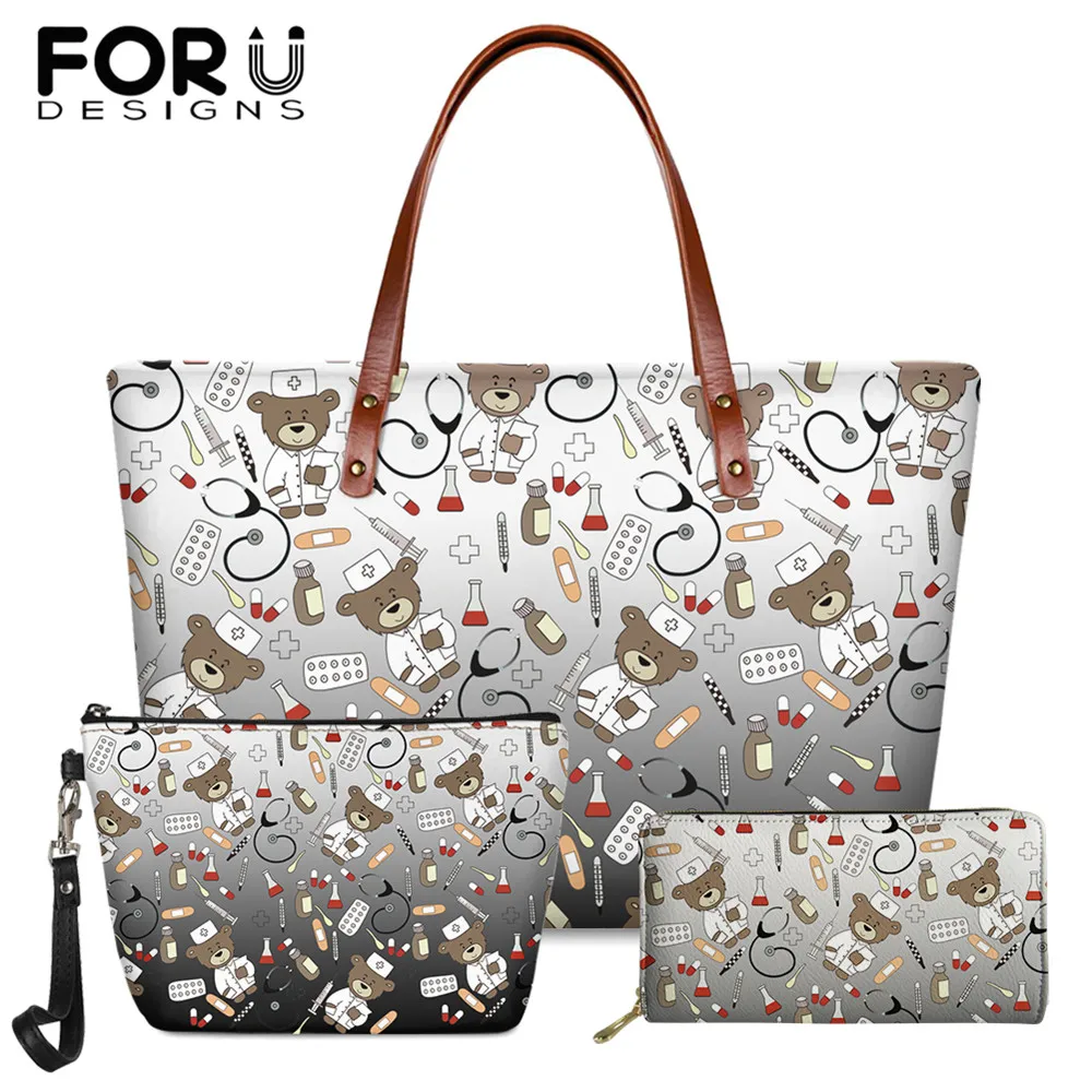

FORUDESIGNS Cartoon Nurse Bear Print 3Pcs Set Woman Handbags Casual Work Shoulder Bags Large Capacity Female Travel Shopping Sac
