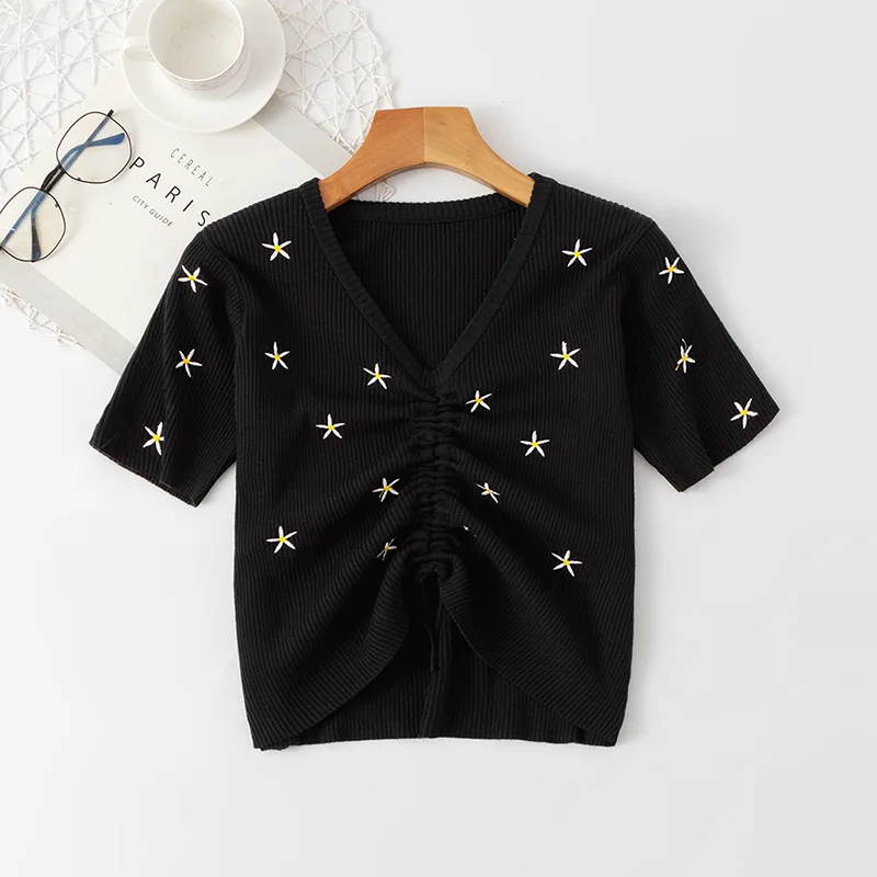 Женская приталенная футболка трикотажная с цветочным принтом в Корейском стиле