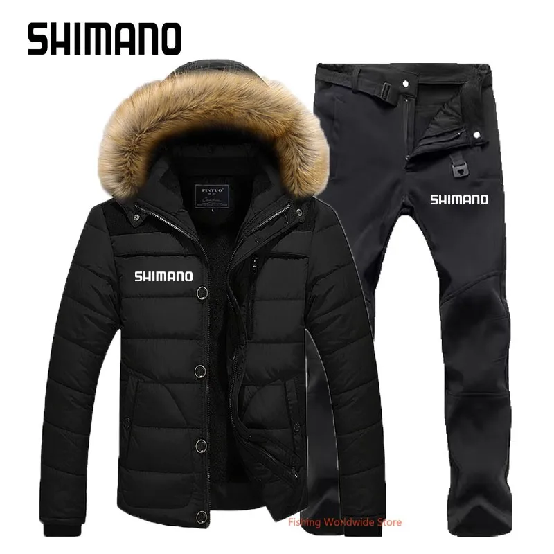 

Новинка, бархатные теплые Рыболовные костюмы Shimanos, уличная зимняя куртка с меховым воротником и капюшоном для рыбалки и штаны, спортивный к...
