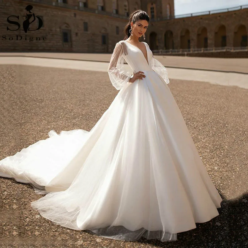 

Simple Wedding Dresses Sexy V Neck Detachable Long Sleeves Vintage Satin Wedding Gowns Backless Beach Bride Vestido De Noiva