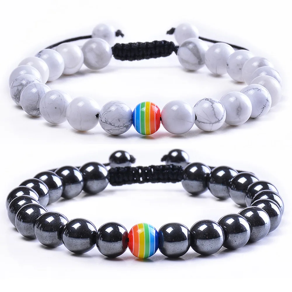 

Popular Rainbow Beads Stone Bracelet Natural Imported White Turquoise Woven Bracelet Couple Beads Charm Valentine's Day gift