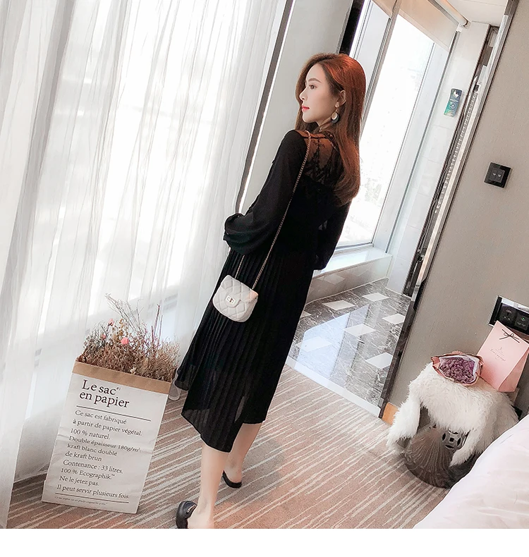 Envsoll Spring Autumn Maternity Dress Mom Long-sleeved Lace Pleated Chiffon Dress Maternity Clothes For Pregnant Women