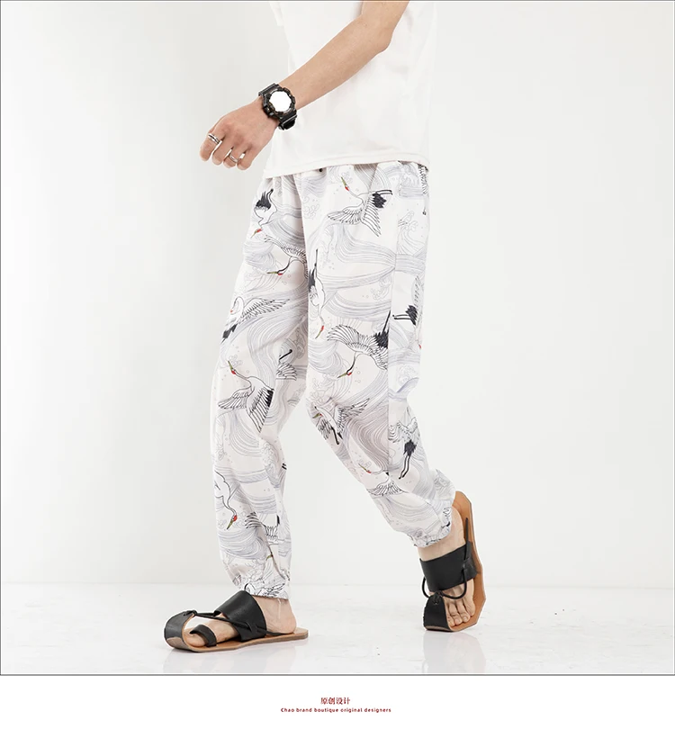 

Spring and Summer New Men's Japanese Style Plus Size Casual Foot Print Trousers Youth Trend Thin Section Kimono Japanese Fashion