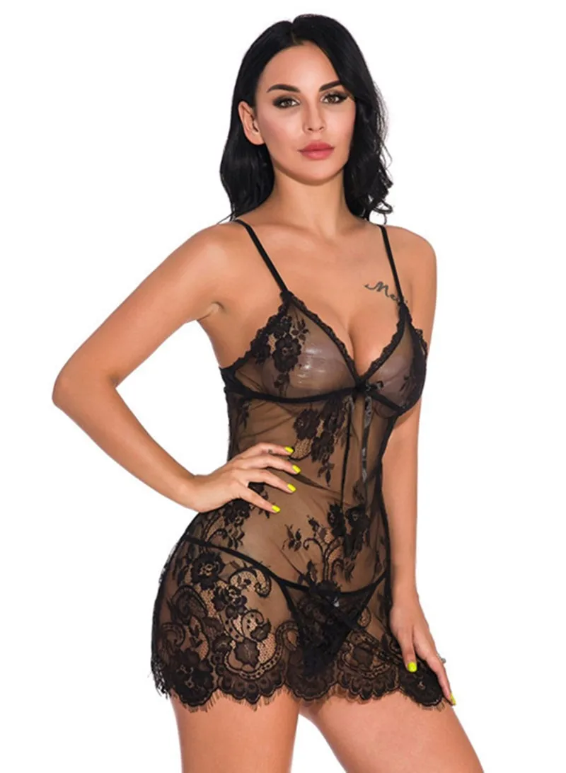 New Summer Women's Nightwear Lace Perspective Sexy Backless Underwear Factory  Wholesale Nightdress