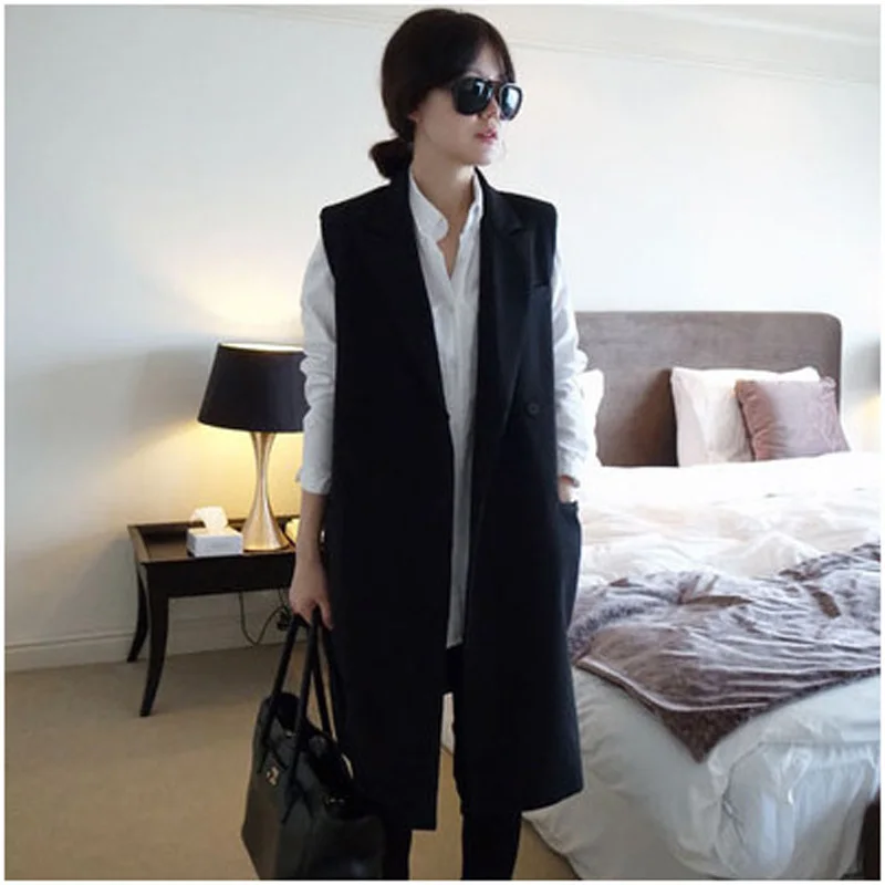 

Korean Fashion Solid Medium-Long Vest Women Slim Colete Feminino Black Elegant Jacket 2021 Autumn