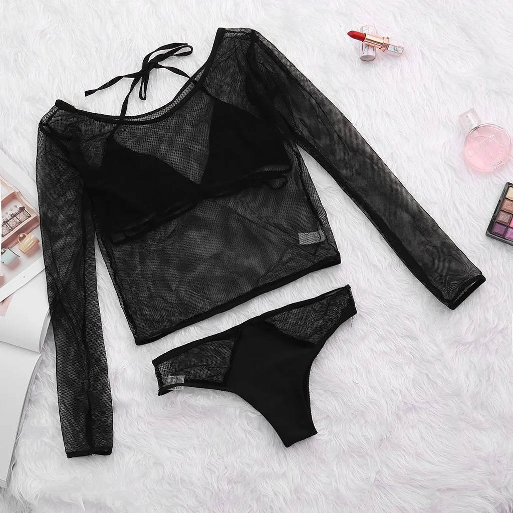 

Womens Sexy Mesh Long Sleeve Swimsuits 3 Pcs Bikini Beach Swimwear Bathing summer holiday beach bikini sets 2020 new fashion
