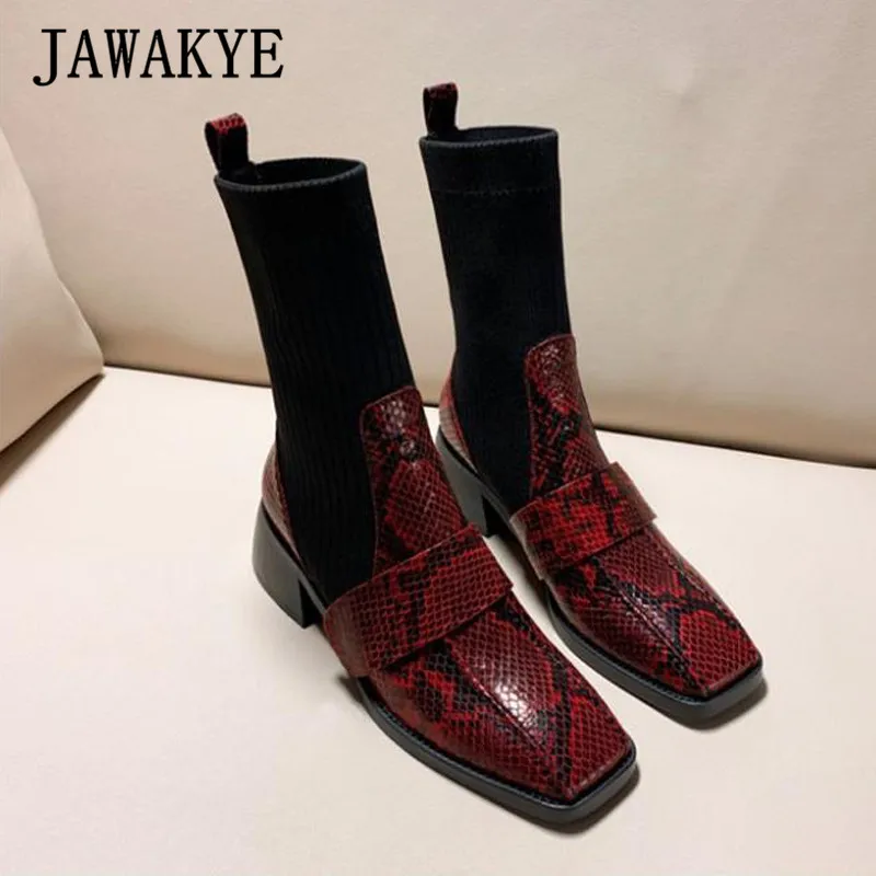 wine red Женские вязаные сапоги-носки из змеиной кожи; цвет черный, бордовый; ботильоны на не сужающемся книзу массивном квадратном каблуке; эластичные сапоги без застежки; zapatos mujer - Цвет: wine red
