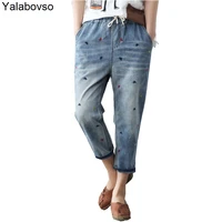 elastic waist jeans ladies vintage embroidery trousers women casual retro floral denim cowboy ripped harem pants yalabovso
