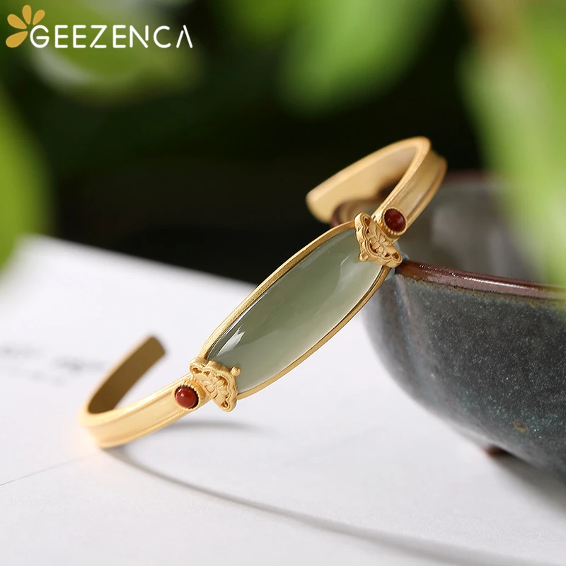 

925 Sterling Silver Hetian Jade Gold Plated Open Bangle Gemstone Agate Geometric Trendy Bracelet Bangles Fine Jewelry Women Gift