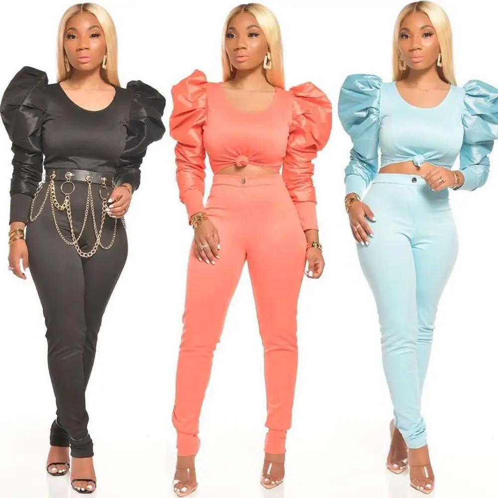 

2020 Hot Sport Solid Women Set Two Pieces Set Tracksuit Puff Sleeve Crop Top Pencil Jogger Sweatpant Suit Outfit Matching Sets