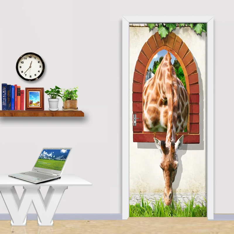 3D кирпичная стена за пределами двери жирафа Наклейка ПВХ самоклеящаяся дверь
