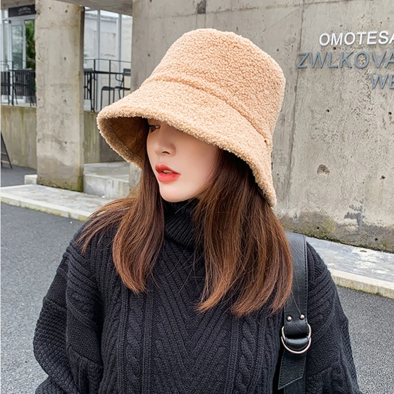

Women Winter Reversible Bucket Hat Solid Color Thick Faux Fleece Fisherman Cap D08E