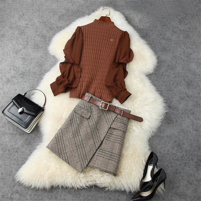 

Autumn Winter Elegant Lady Retro Two Piece Outfits Fashion Designers Women Ruffle Knit Sweater Woolen Top and Woolen Skirt Sets
